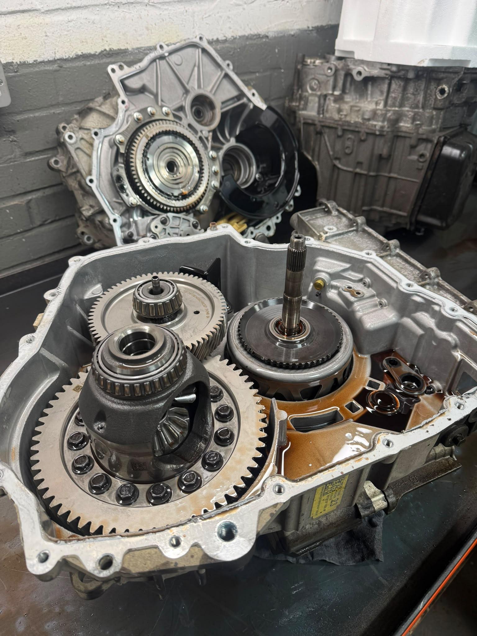 Open gearbox showing internal gears in the workshop