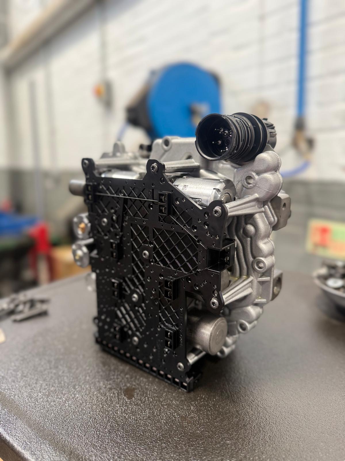 Gearbox mechatronic control unit on a workshop bench